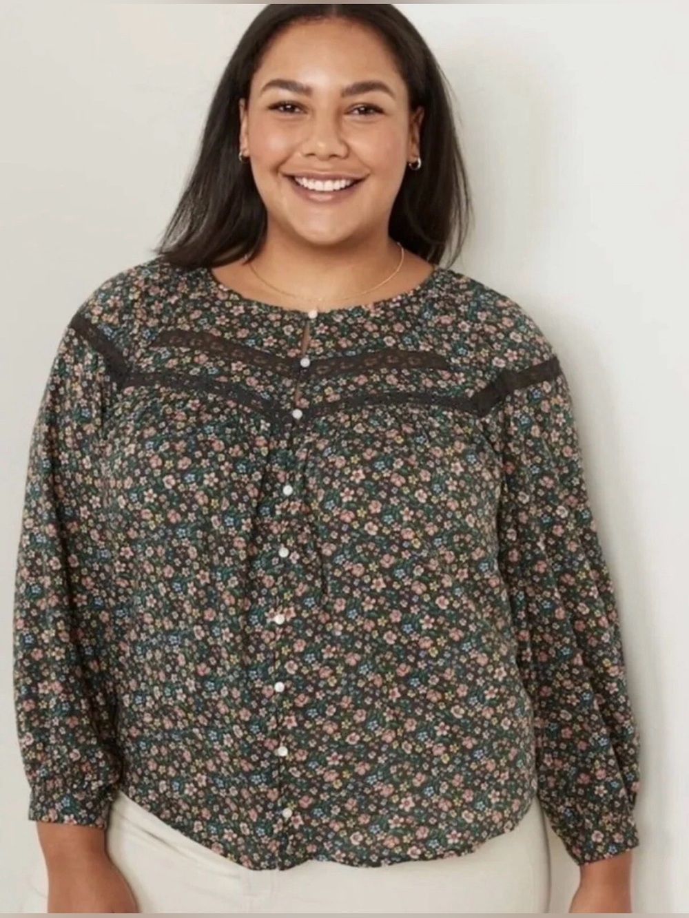 Old Navy Long Sleeve Lace-Trimmed Floral-Print Blouse Size XXL